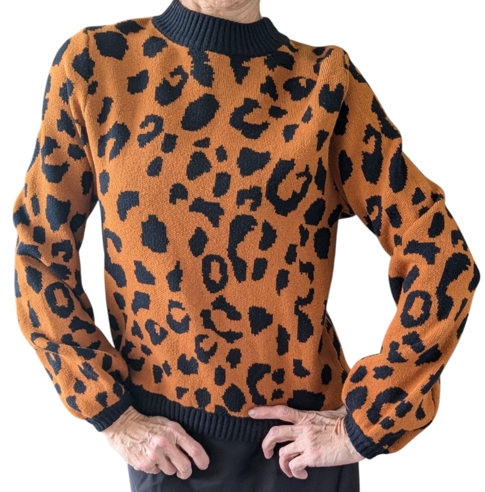 Who What Wear Cotton Cheetah Print Long Sleeve Puff Shoulder Sweater Size S